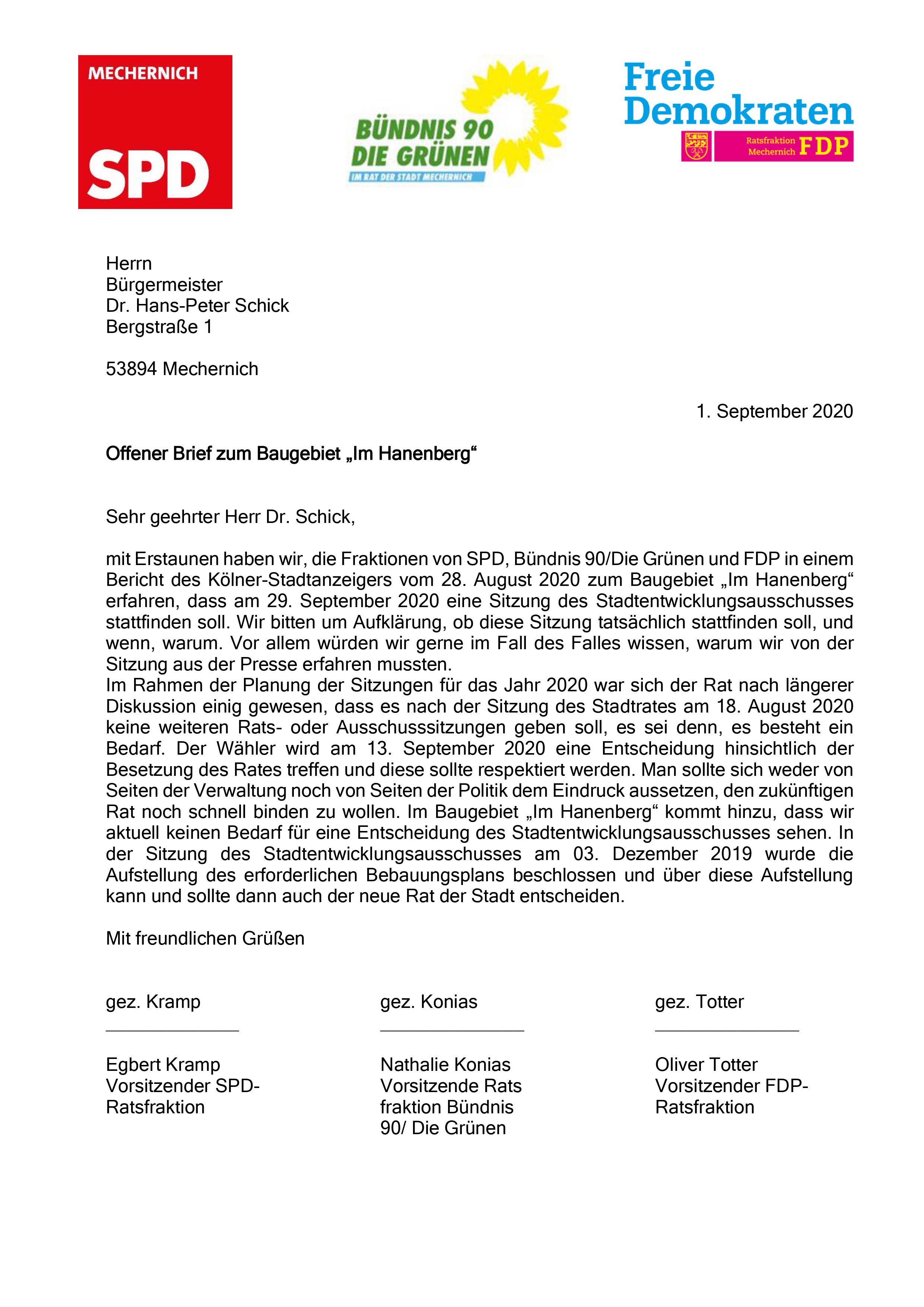 Offener Brief zum Baugebiet Im Hanenberg