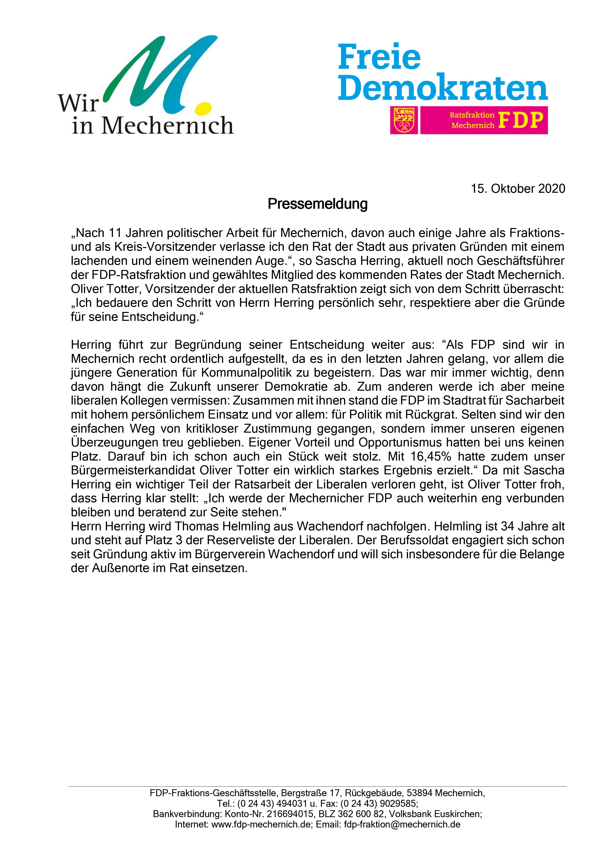 Pressemeldung Mandatsverzicht Sascha Herring